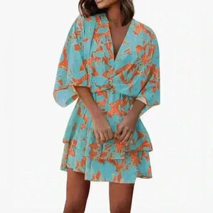 Womens Plus Size Sun Dress V-neck Floral Print dress (563)